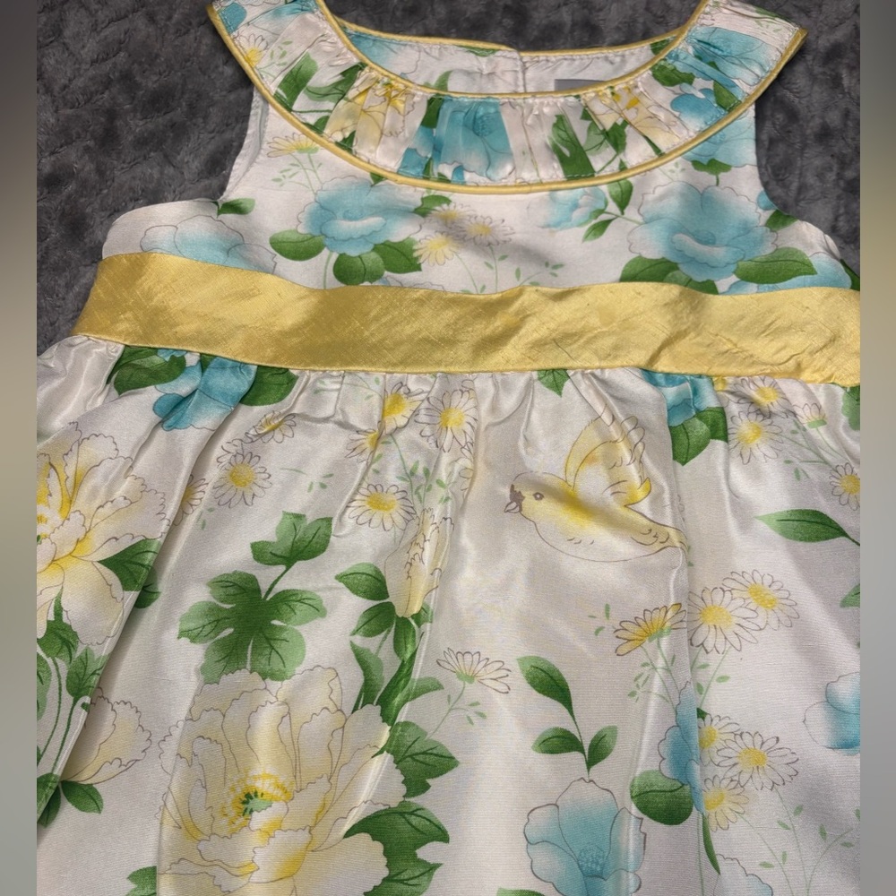 Janie and Jack Yellow and Blue Floral Silk Dress with Bird Details sz 3T - Picture 2 of 6